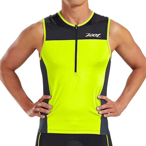 Zoot Men’s Core Tri Tank – Men’s Performance Triathlon Tank Top with 3 Back Pockets, Mesh Panels, and Cam Lock Zipper (Safety Yellow, Medium)