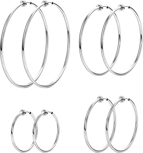 Morfetto 4 Paar Ohrclips Damen Ohne Ohrlöcher Edelstahl Creolen Clip Ohrringe für Damen Fake Ohrring Ohrclips Silber Klipp Fake Piercing Ohr 30/40/50/60mm