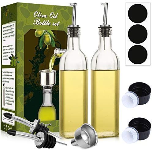 [2 Pack]Aozita 17 oz Glass Olive Oil Dispenser Bottle Set - 500ml Clear Oil & Vinegar Cruet Bottle with Pourers, Funnel and Labels - Olive Oil Carafe Decanter for Kitchen