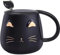 Sevitini Tasse de chat, Tasse a cafe avec cuillère y couvercle, céramique kawaii Mug avec chat, 450ml, Tasses à café, pour les amateurs de chatons,Cadeau de Noël ou d'anniversaire (Noir)