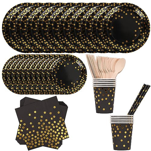 Trimming Shop Disposable Polka Gold Dot Party Tableware Set 80pcs Black Dinnerware Includes Paper Plates Dessert Cups Napkins Dinner Cutlery Forks Spoons Straws for Birthday Wedding Christmas