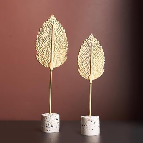 Marimor Esculturas decorativas modernas (2 unidades) decoración moderna y creativa para el hogar, decoración ginkgo dorada, adorno con base de piedra, estatua para oficina, dormitorio, estantería,