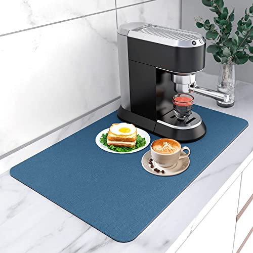 Alfombrilla Escurreplatos, 30 x 50cm Absorbente Alfombrilla Fregadero Cocina, Diatomita Alfombrilla Cafetera, Protector Mueble Fregadero, Alfombra Seca Antideslizante para Encimera de Cocina (Azul)