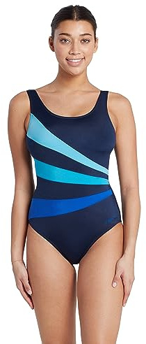 Zoggs Sandon Scoopback Bañador de Mujer – Bañador Reductor Vientre Plano, Copas de Espuma Fijas, Corte de Pierna Medio – Negro, Tejido Eco – Talla L, 97 cm de Pecho