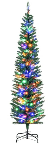 HOMCOM Sapin de Noël Artificiel Lumineux 180 cm en Forme de Crayon, Arbre de Noël avec 150 lumières Multicolores, 390 Branches, Base en Acier, pour décoration de Noël, Vert