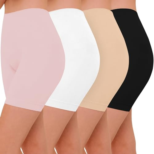 AURUZA 4PCS Radlerhose Damen, Kurze Hose Damen Anti Scheuern Unterhosen Leggings Boxershorts (Schwarz Nackt Weiß Rosa, M)