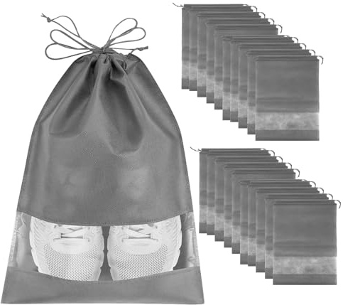 ZONKSTEE 20 Pack Shoe Storage Bags, Black, Non-Woven Fabric, Drawstring Closure, Portable, Waterproof, Dust Proof, Transparent Slot, Multi-Purpose Travel & Home Use