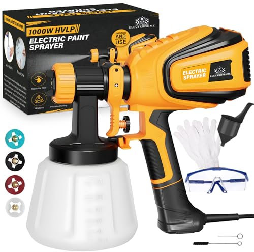 ElectroPrime© Pistola de Pintura, 1000W HVLP Pulverizador de Pintura Electrica, 4 Boquillas & 3 Patrones,1200ML,1000ML/MIN