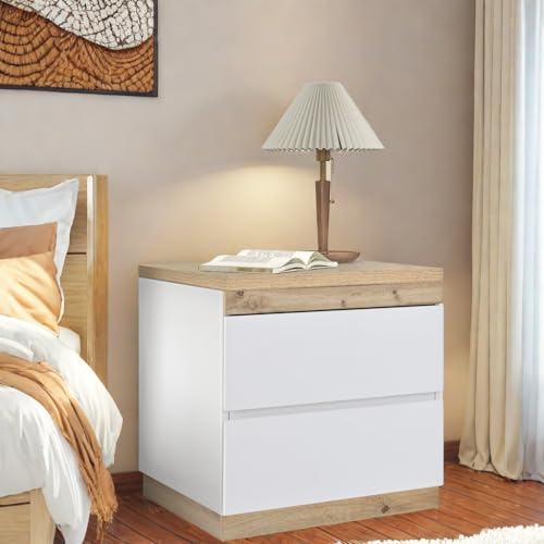 Sapgaks Mesita de noche universal en blanco, moderna mesita de noche con 2 cajones, cómoda de noche, función de almacenamiento, para dormitorio, cama, tablero de aglomerado E1 (55 x 40 x 55 cm, blanco