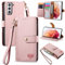 VEEMOS Zipper Wallet Case for Samsung Galaxy S21 5G Phone Case with Purse Card Holders RFID Blocking Leather Flip Case Book Cover Wrist Strap Women - Pink