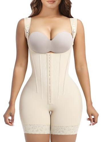 YIANNA Shapewear Damen Bauchweg mit Korsett Stahlknochen Body Shaper Extra Stark Formend Fajas Colombianas Bodysuit Mieder Beige S 7275