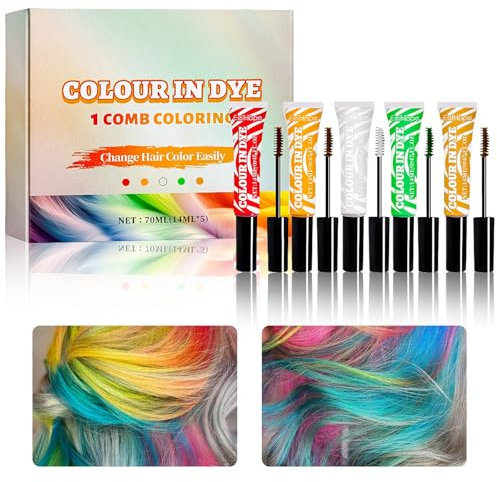 Haar Mascara 5 Stück Haarmascara für Kinder,Haarfarbe Kinder Auswaschbar,Sofort Haarfarbe Farbstoff,Temporäre Haarfarbe Kamm Set Passend für Halloween,Weihnachten,(Rot,Gelb,Weiß,Grün,Braun)