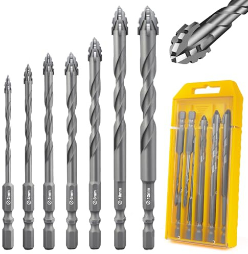 Flintronic 7 Piezas Brocas Porcelanico, Broca Ceramica Ø 3-12 mm, Taladro Excéntrico, Taladro de Vidrio con Vástago Hexagonal, para Madera Plástico Albañilería Baldosa Cerámica Vidrio Hormigón