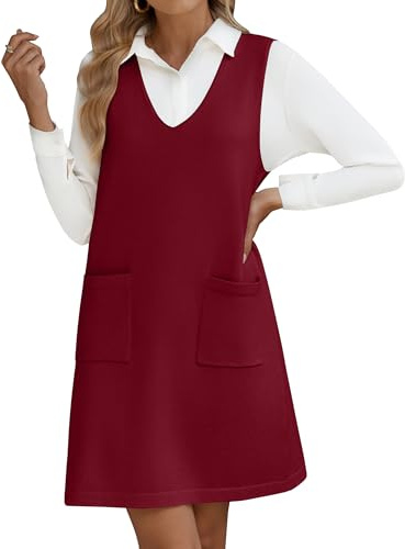 HOTOUCH Vestito maglione da donna senza maniche maglione gilet abito casual scollo a V lavorato a maglia abiti autunnali larghi maglieria con tasche, Rosso vinaccia, XL