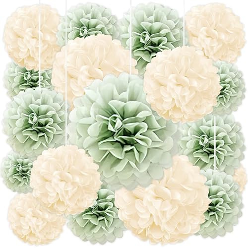 20 PCS Paper Pom Poms, Sage Green Champagne Party Flower Balls, Hanging Tissue Pom Poms for Bridal Shower, Home Decoration, Large Banquet, Birthday Party, Festival Celebration, Graduation Ceremony