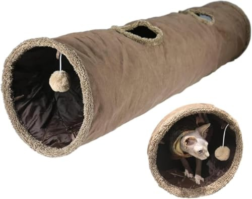 Felizzyroo Extra Long Cat Tunnel, Collapsible Suede Play Tunnel with Jingle Ball & Peekaboo Holes for Cats, Kittens, Rabbits & Puppies (Brown),30 * 130cm