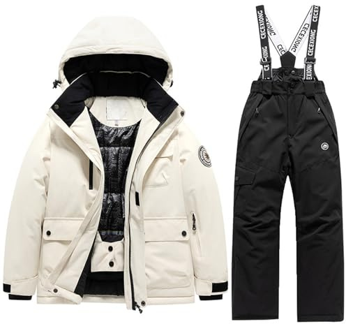 Generisch Kinder-Winter-Skianzug für Jungen und Mädchen, warm, Thermo-Schneeanzug, Outfit für Outdoor-Aktivitäten bei kaltem Wetter (Black, 12-13Years)