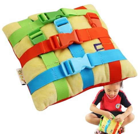 Jouet sensoriel d'apprentissage précoce – 20 x 20 cm, oreiller d'activité en peluche, boucle, bouton, planche assortie | Jouet éducatif préscolaire pour nourrissons, entraînement cognitif et motricité
