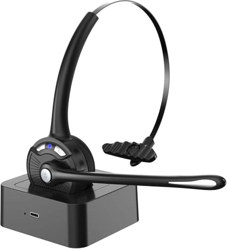 Voijump, cuffie Bluetooth con microfono, cuffie on-ear wireless con cancellazione del rumore e stazione di ricarica, cuffie per telefono con pulsante muto per laptop, Skype, call center, ufficio