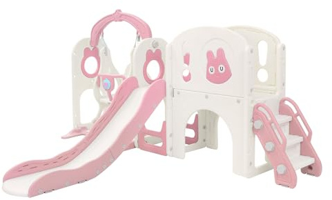 Joyz Scivolo con Tunnel per Bambini 6 in 1, Parco Giochi Interno/Esterno con Altalena, Scala da Arrampicata, Canestro da Basket e Telescopio, Set da Gioco con Scivolo Rosa/Bianco, da 3 Anni