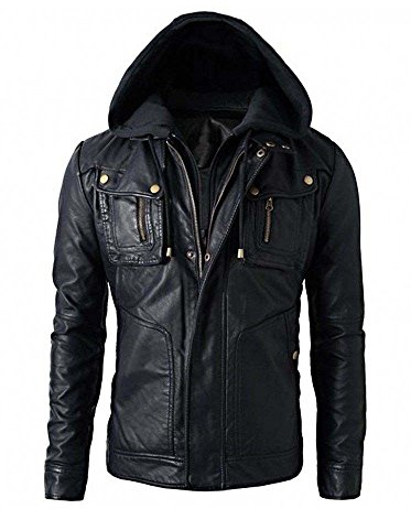 Mens Slim Fit Hooded Biker Leather Jacket, Black, L-Person with Chest 41 inch