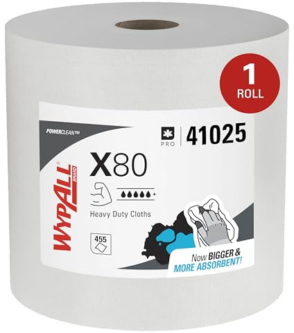WypAll PowerClean X80 Cloths Heavy Duty Wipes (41025), Jumbo, Extended Use Towels, White (1 Roll of 455 Sheets, 455 Sheet Total)