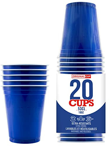 Pack de x20 Original Blue Cups Officiels | Gobelets Américains 53cl Bleus | Beer Pong | Qualité Premium | Gobelets en Plastique Réutilisables | Lavables Main et Lave-Vaisselle | OriginalCup®
