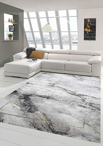Modern vardagsrumsmatta i marmorutseende i grått guld, storlek 200 x 290 cm