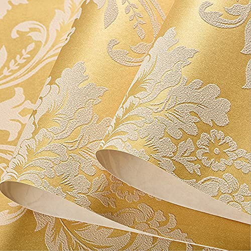 FNMHime 20.87″Wx393.7″L 3D Damask Embossed Wall Paper Modern Minimalist European Style Clothing Store Restaurant Bedroom Living Room TV Background Non-Woven Wallpaper Non-Pasted (Gold)