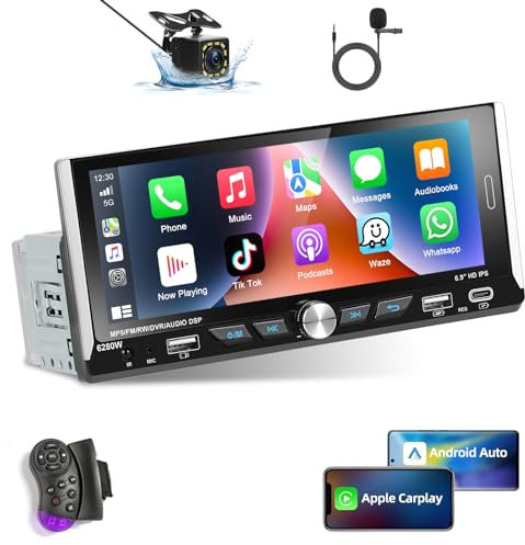 Podofo 6.9 Radio de Coche 1 DIN con Pantalla Compatible con Apple Carplay y Android Auto, Bluetooth Manos Libres Radio Estéreo con Radio FM, SWC, Enlace Espejo, USB + Cámara de Visión Trasera