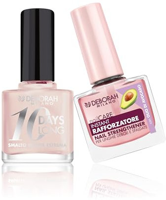 Deborah Milano -Set Smalto Trattamento Rafforzatore per Unghie Deboli e Sfaldate, 9.5ml e Smalto 10 Days Long N.580 Pearly Rose, Effetto Brillante a Lunga Tenuta, 11ml