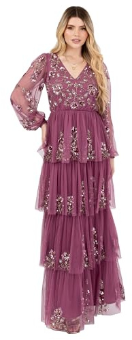 Maya Deluxe Dam Maxi Klänning Dam V-Neck Lång Blouson Sleeve Floral Sequin Embellished A-Line Tiered Kjol Tyll Keyhole Dam, rosor, 40