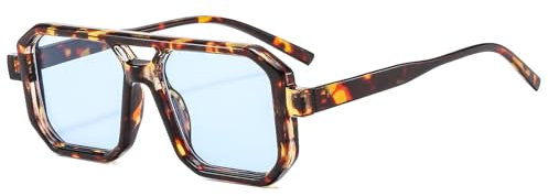 Long Keeper Retro Pilot Sonnenbrille Herren Damen 70er Jahre Flache Vintage Quadratische Doppel Brücken UV400 Schutz (Leopard Blau)