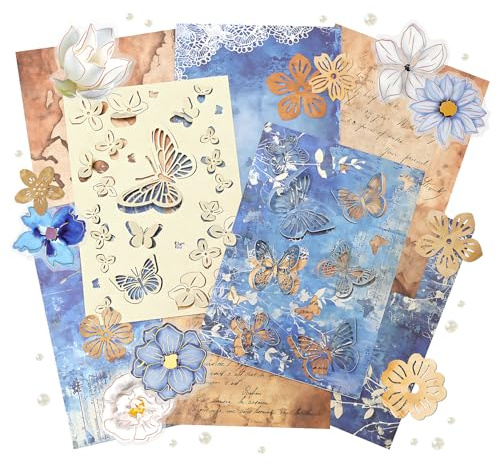 Lot de 4 feuilles de papier décoratives et autocollants en dentelle florale en forme de papillon et de plante pour scrapbooking, papier découpé, autocollant brillant pour journal intime (Sophie)