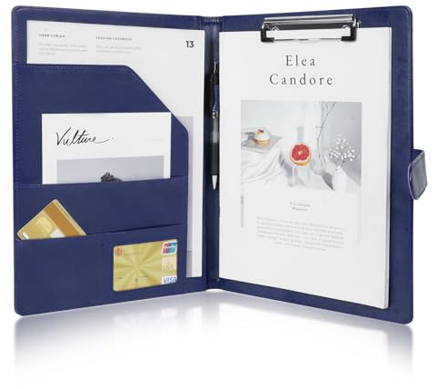 OFFCUP Porte Document A4, Portfolio en Cuir PU A4, Conférencier avec Fermoir Magnétique et Pochettes, Range Documents Porte Bloc avec Pince, Porte Bloc-notes pour Bureau Agenda Conférence (Bleu)