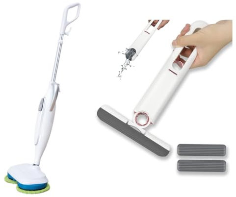 Venteo - Balai Electrique ET Mini MOP NETTOIE Tout - Balai Vapeur Automatique - Double tête rotative - Eponge pour Salle de Bain, Cuisine, Bureau, Salon, Voiture - Manche intégré
