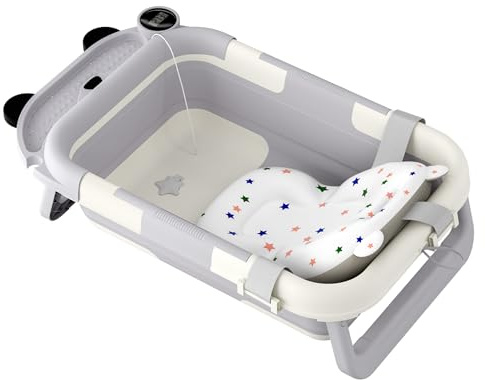 NAIZY Baby Badewanne 68x41x19 cm Faltbare Badewanne inkl. Badematte & Thermometer & Temperatur-Bildschirm Babywanne Rutschfeste Tragbare Babybadewanne, Blau