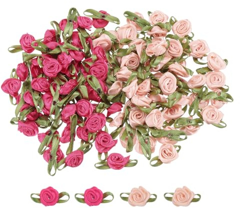 QUARKZMAN 100Pz Mini Rose Finte Rosso Rosa/Polvere Bocciolo Neve 1.5x3cm Fiori Artificiali Mini Rose Nastro Finti per Decorazioni Cucito Applicazioni Lavoretti Piccoli Fiocchi in Raso Fiori