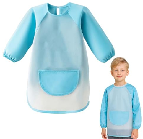 DWFEYOI Grembiule Pittura Bambini L 8-13 Anni, Impermeabile, Blu, Maniche Lunghe, Tasca, Ragazzi Casa