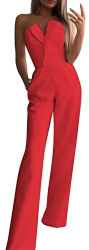 Mono para mujer, conjunto de pantalón, vestido, camiseta de tirantes sin mangas, con hombros descubiertos, con bolsillo, estilo tubo, rojo, S