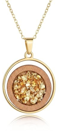 Edelys Collier Bois et Or Femme - Pendentif Résine et Eclats de verre - Chaine Acier Inoxydable doré - Bijou Créateur Fait Main France - Style Bohème Chic et Naturel