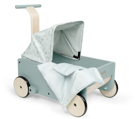 Hauck Learn to Walk Dolls - 2in1 Puppenwagen & Lauflernwagen aus Holz für Kinder ab 12 Monaten inklusive Bettzeug mit Bremssystem, Gummierten Holzrädern, Höhenverstellbarer Griff & Klappbares Verdeck