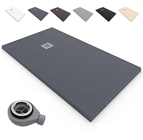 EstiloBaño®TERRA Plato de Ducha RESINA Extraplano Antideslizante TEXTURA PIZARRA - Todas Las Medidas Disponibles -【70x80, Grafito Ral-7016】- Incluye Válvula Desagüe+Rejilla