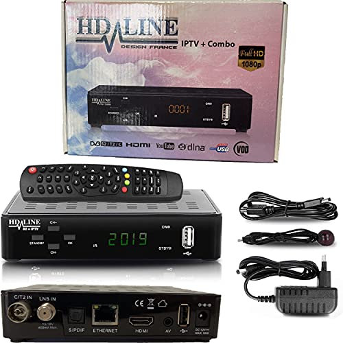 HD-Line Tivusat DVB/S2+T2+C Receptor Combo Full HD 1080p IPTV Box (HDMI, LAN, 2X USB 2.0, Tarjeta, AV) + Cable HDMI y Tarjeta Tivusat (Preprogramado para Astra Hotbird y Türksat)