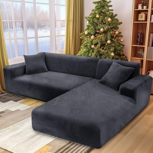 NAKIHOUSE Dicke Samt Sofa Überwürfe Sofabezug mit einem Kissenbezug, Superweicher Elastische Sofa Abdeckung in Grau Farbe für 1/2/3/4 Sitzer（L-förmiges Ecksofa erfordert Zwei）