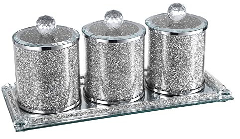 JUXYES Juego de 4 botes de cristal triturado con bandeja decorativa, lujosos contenedores de almacenamiento con tapas, macetas decorativas de almacenamiento para mostrador de cocina, comedor