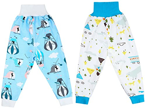 MOEMOE BABY 2 pantalones de pañales para niños, falda de pañal para niños, pantalones de entrenamiento de algodón, pantalones de aprendizaje, pantalones de entrenamiento, color azul y blanco, talla