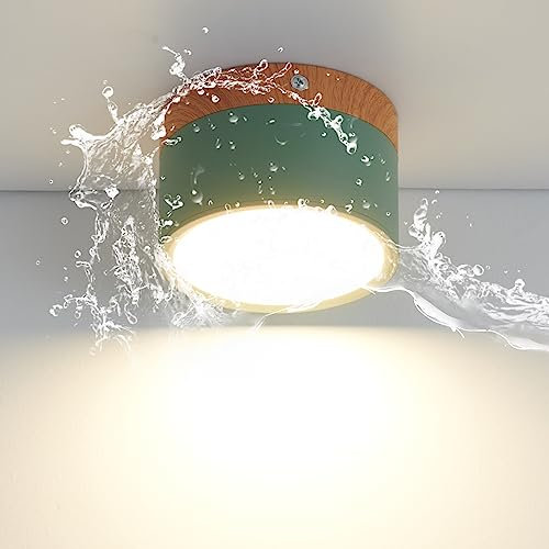 Schindora Luz de techo LED, punto de decoración de madera montado en la superficie, mini luz de techo verde redondo, blanco caliente 3000k, 12W.