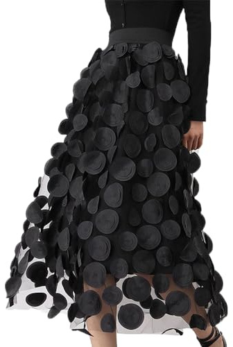 Falda Midi de Tul para Mujer, Cintura Alta elástica, Falda de Malla de Lunares 3D, Falda Acampanada, Falda de Burbujas en Capas, Vestido de graduación, Negro -, Talla única