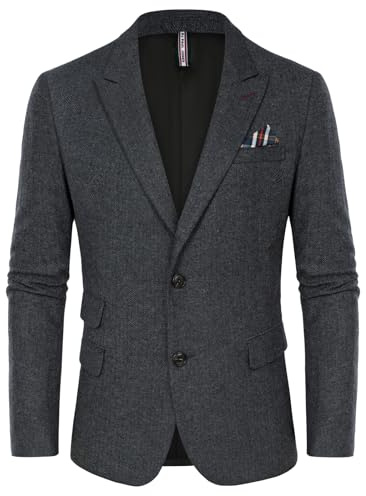 Men Herringbone Tweed Suit Blazers Jackets Irish Wool Blend Peak Lapel Tweed Jacket Blazer Dark Grey Herringbone XL